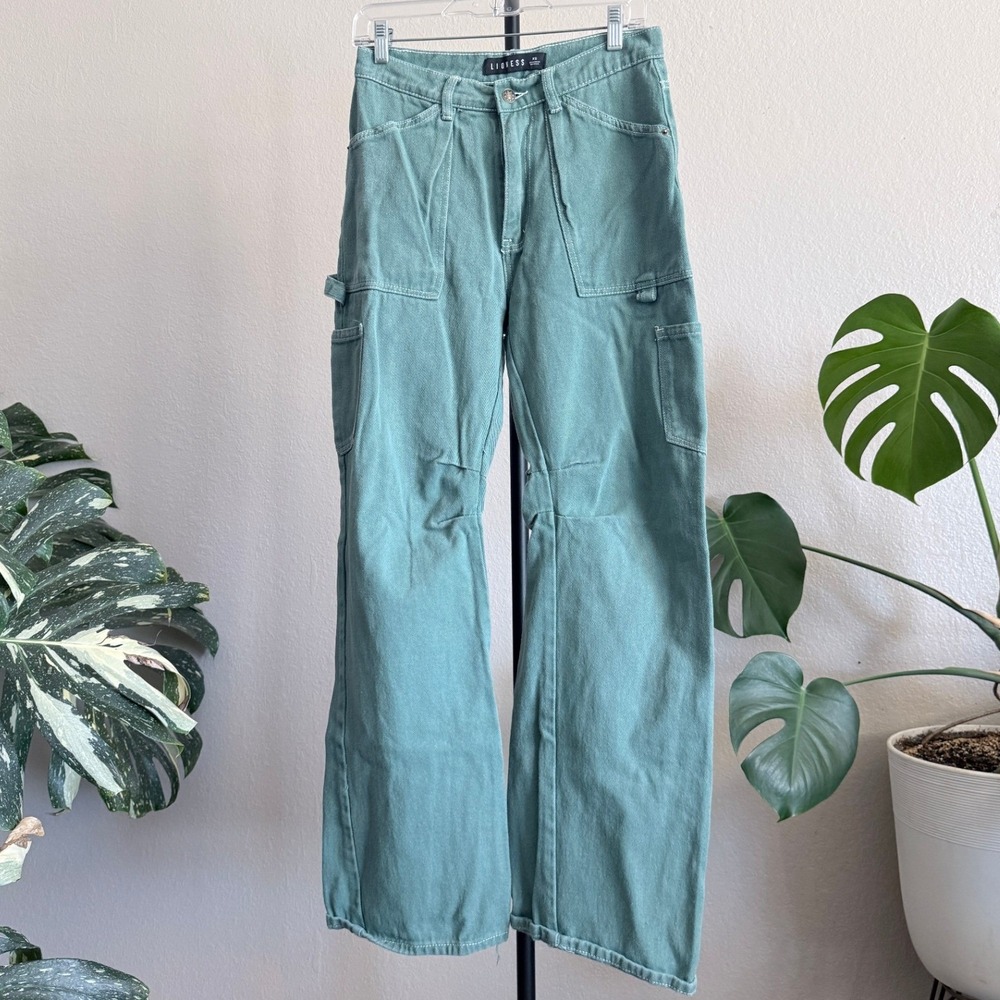 Lioness Sage Green High Waisted Barrel Carpenter Jeans Wide Leg Utility Size XS